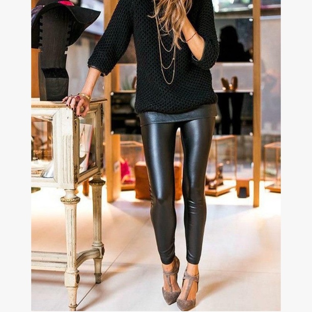 High Waist, Slimming Vegan Leather Liquid Leggings in Black